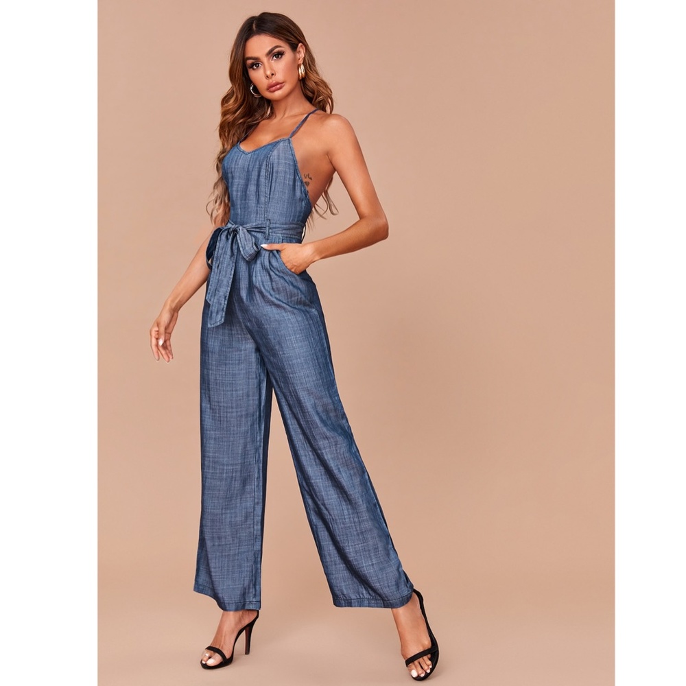 Belted Cami Wide Leg Blue Jumpsuit - Picture 2 of 7